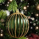 Set of 2 Green Glitter Striped Reeded Hanging Bauble Decoration - 8cm