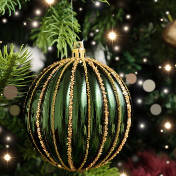Set of 2 Green Glitter Striped Reeded Hanging Bauble Decoration - 8cm