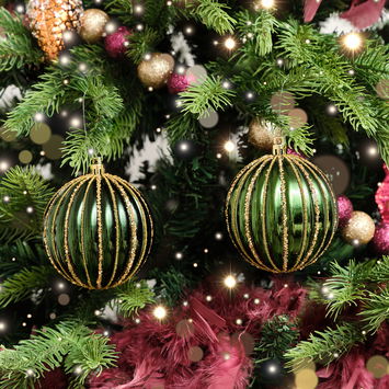 Set of 2 Green Glitter Striped Reeded Hanging Bauble Decoration - 8cm