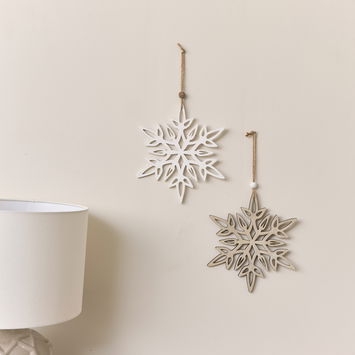 Set of 2 Large White & Rustic Wooden Hanging Christmas Snowflakes