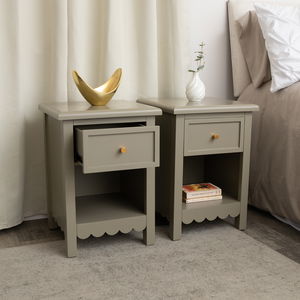 Set Of 2 One Drawer Scalloped Bedside Tables - Staunton Taupe Range  Set Of 2 One Drawer Scalloped Bedside Tables - Staunton Taupe Range