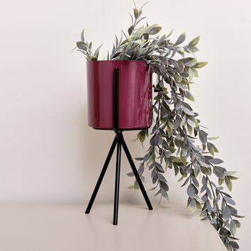 Set of 2 Plum Red Metal Planter Pots with Stand 