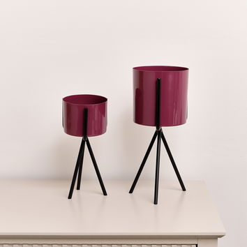 Set of 2 Plum Red Metal Planter Pots with Stand 