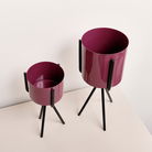Set of 2 Plum Red Metal Planter Pots with Stand 