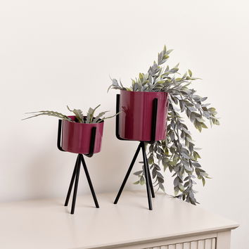 Set of 2 Plum Red Metal Planter Pots with Stand 