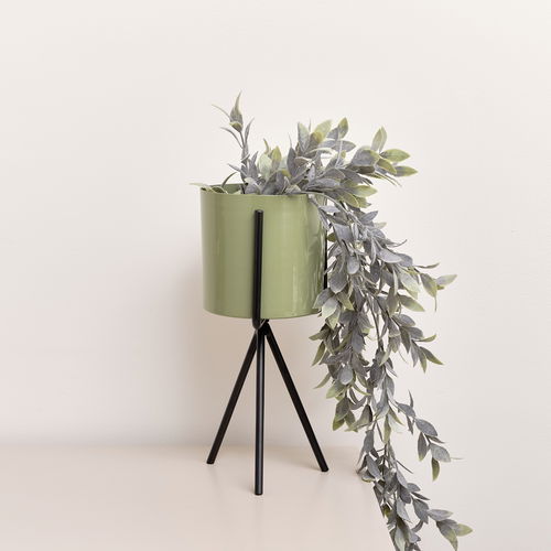 Set of 2 Sage Green Metal Planter Pots with Stand