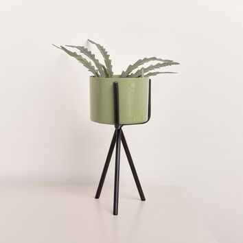 Set of 2 Sage Green Metal Planter Pots with Stand 