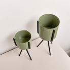 Set of 2 Sage Green Metal Planter Pots with Stand 