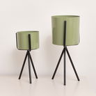 Set of 2 Sage Green Metal Planter Pots with Stand 