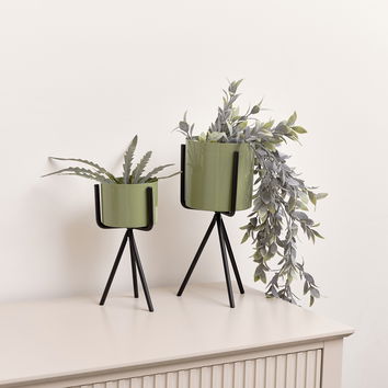 Set of 2 Sage Green Metal Planter Pots with Stand 