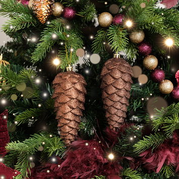 Set of 2 Tan Glittered Pinecone Bauble Decoration 12cm