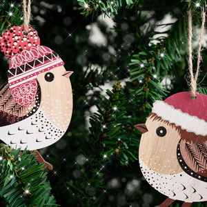 Set of 2 White & Rustic Wooden Robin Hanging Christmas Decorations