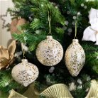 Set of 3 Assorted White & Gold Star Glitter Frosted Christmas Baubles 