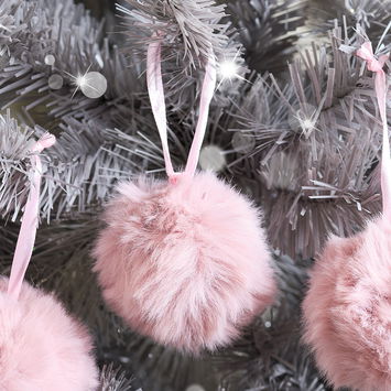 Set Of 3 Blush Furry Pom Pom Baubles - 8cm