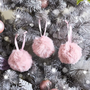 Set Of 3 Blush Furry Pom Pom Baubles - 8cm