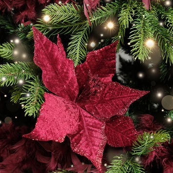 Set of 3 Burgundy Velvet Poinsettia Floral Tree Decorative Picks - 22cm