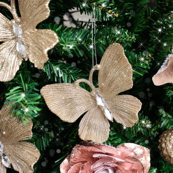 Set of 3 Champagne Gold Glitter Jewelled Butterfly Christmas...