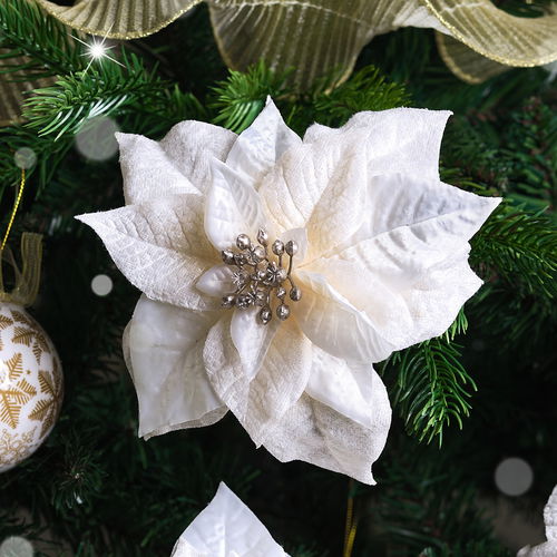 Set of 3 Cream Poinsettia Clip Christmas Decorations - 15cm