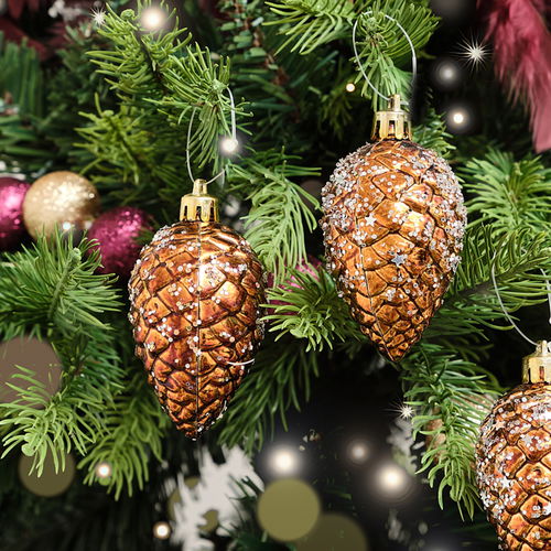 Set of 3 Gold & Bronze Sequin Pinecone Bauble Decorations - 6.5cm