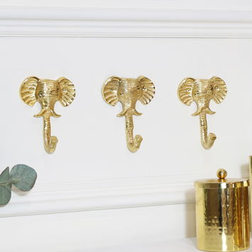 Set Of 3 Gold Elephants Head Wall Hooks 