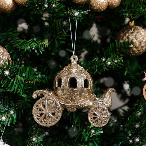 Set of 3 Gold Glitter Princess Carriage Baubles