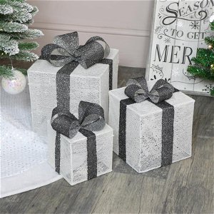 Set Of 3 Grey & White LED Christmas Gifts - 25cm