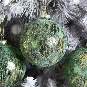 Set of 3 Large Round Green & Gold Glass Christmas Baubles - 10cm 