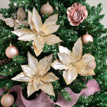 Set of 3 Metallic Champagne Gold Poinsettias Clip Christmas...