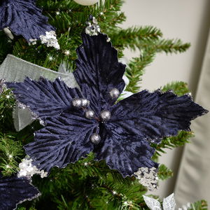 Set of 3 Navy Blue Poinsettias Clip Christmas Decorations - 25cm