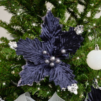 Set of 3 Navy Blue Poinsettias Clip Christmas Decorations - 25cm