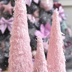 Set of 3 Pink Fur Sequin Christmas Cones - 41cm