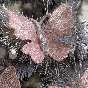 Pink Glitter Jewelled Butterfly Christmas Decorations