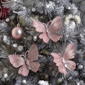 Pink Glitter Jewelled Butterfly Christmas Decorations