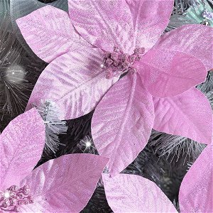 Set of 3 Pink Glitter Poinsettia Christmas Decorations - 24cm