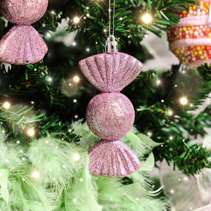 Set of 3 Pink Glitter Sweet Shaped Bauble Decorations - 11cm