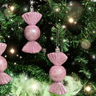Set of 3 Pink Glitter Sweet Shaped Bauble Decorations - 11cm