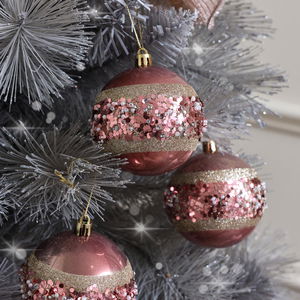 Set of 3 Pink & Gold Glitter Sequined Pearl Baubles - 9cm