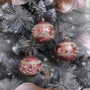 Set of 3 Pink & Gold Glitter Sequined Pearl Baubles 