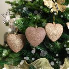 Set of 3 Rose Gold Glitter Heart Christmas Baubles - 10cm