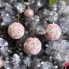 Set of 3 Round Blush Pink Velvet Applique Flower Diamante Christmas Baubles - 8cm