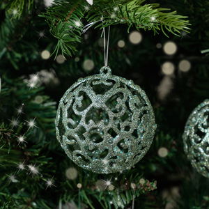 Set of 3 Round Ornate Sage Green Glitter Baubles