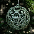 Set of 3 Round Ornate Sage Green Glitter Baubles