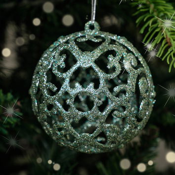 Set of 3 Round Ornate Sage Green Glitter Baubles