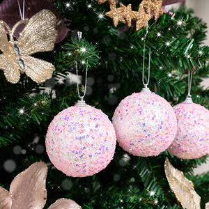 Set of 3 Round Pink & Multicoloured Butterfly Sparkle Christmas Baubles - 8cm 