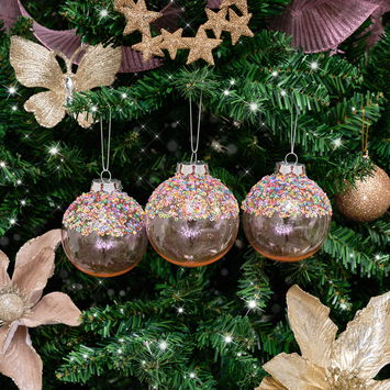 Set of 3 Round Pink & Multicoloured Sparkle Sequin Christmas Baubles...