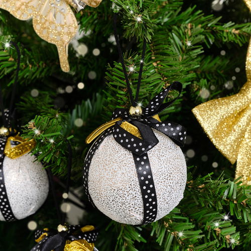 Set of 3 Round White & Black Gold Ribbon Baubles 