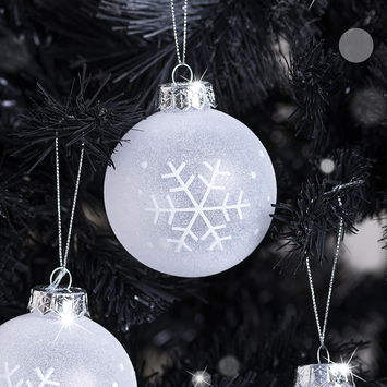 Set of 3 Round White Frosted Snowflake Christmas Baubles - 8cm