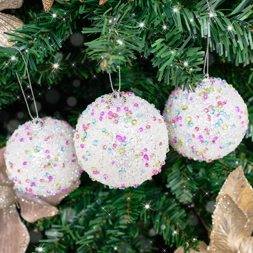 Set of 3 Round White & Multicoloured Sparkle Gem Christmas Baubles - 8cm 