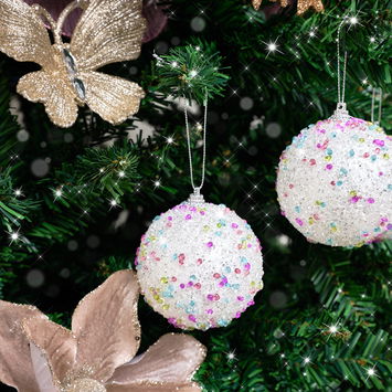 Set of 3 Round White & Multicoloured Sparkle Gem Christmas Baubles - 8cm 