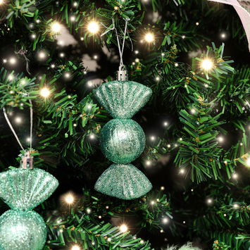 Set of 3 Sage Green Glitter Sweet Shaped Bauble Decorations - 11cm